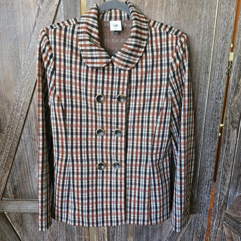 Cabi Jacket Women's Size Medium Brown Plaid Blazer Stretch Knit Pockets